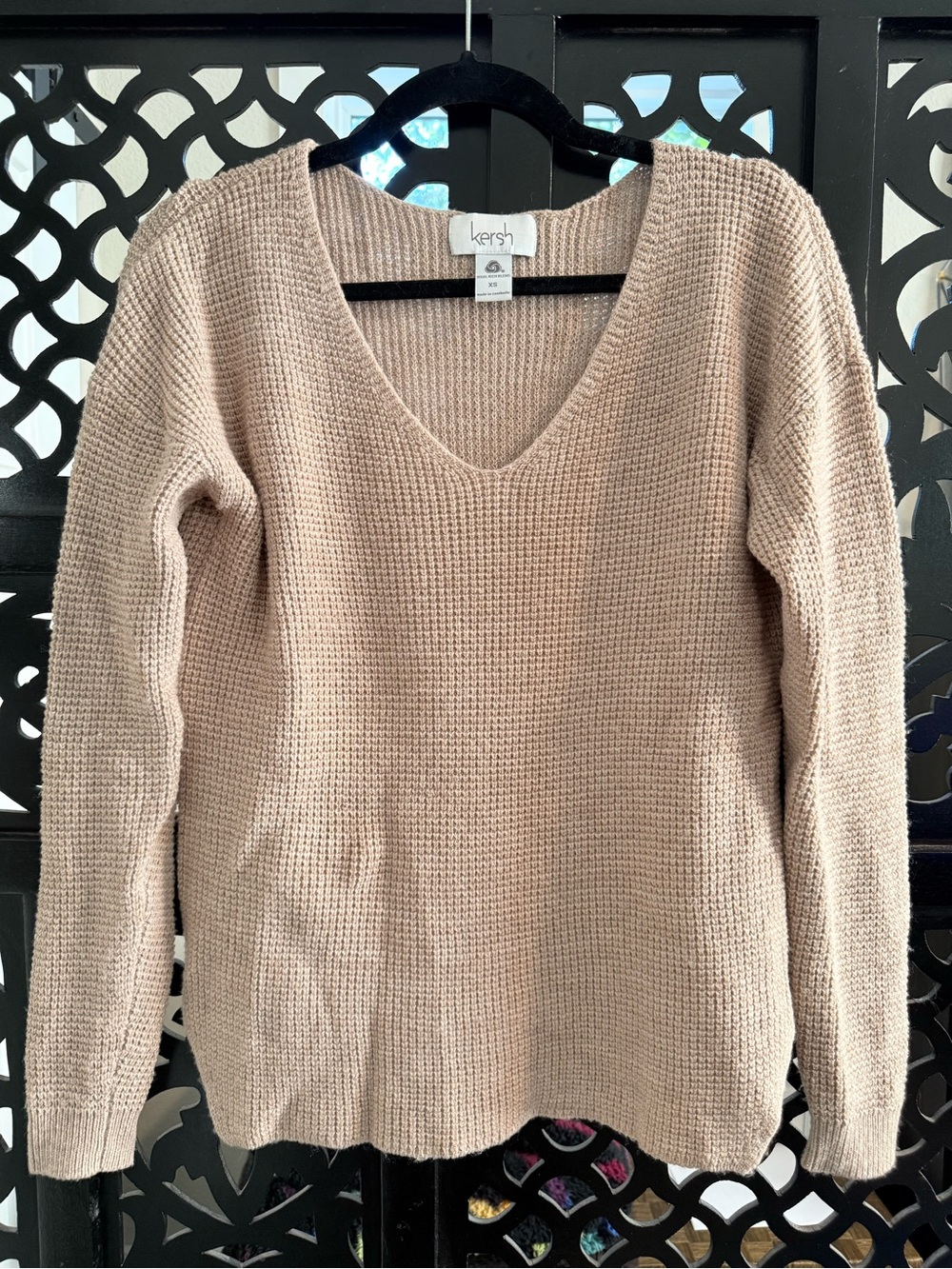 Kersh V-Neck Waffle Knit Sweater — Beige